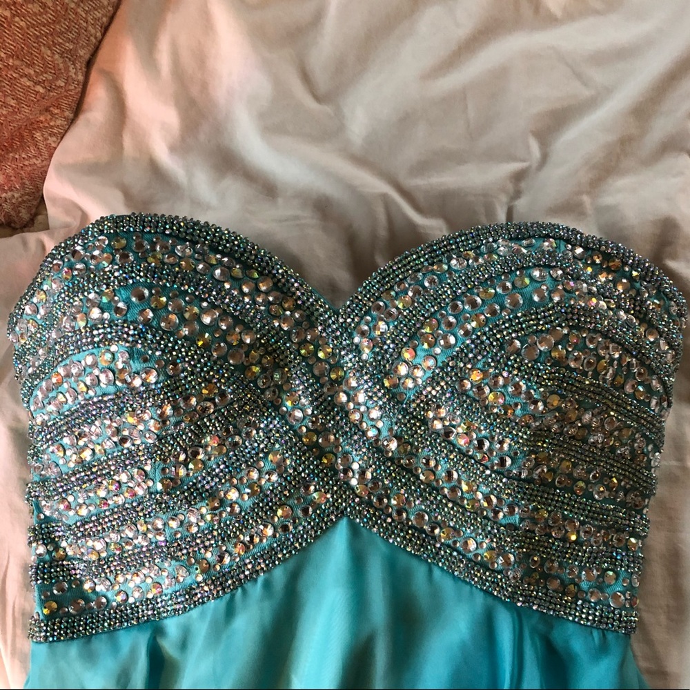 Blush Prom Beaded Strapless Gown in Aqua